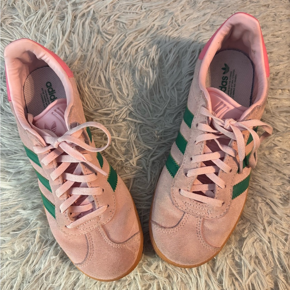 Adidas Women’s Pink Suede Sneakers with Green Stripes
